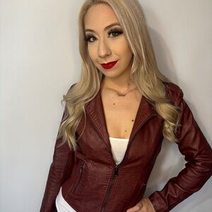 Burgundy Faux Leather Moto Jacket
